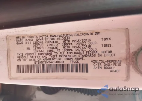 2004 Toyota Tacoma Base V6 from USA, damaged, VIN 5TEHN72N94Z340484